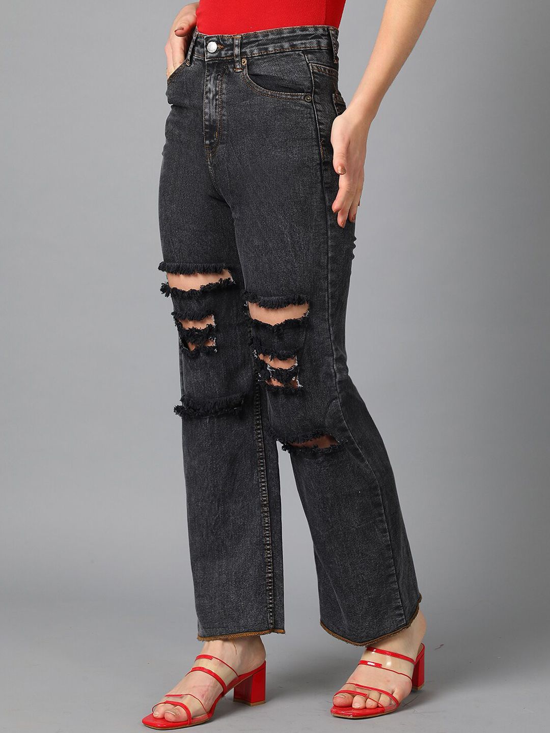 Kotty Black Women Jean Straight Fit High-Rise Mildly Distressed Stretchable Jeans