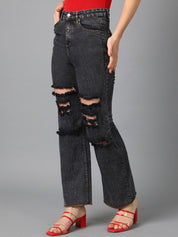 Kotty Black Women Jean Straight Fit High-Rise Mildly Distressed Stretchable Jeans