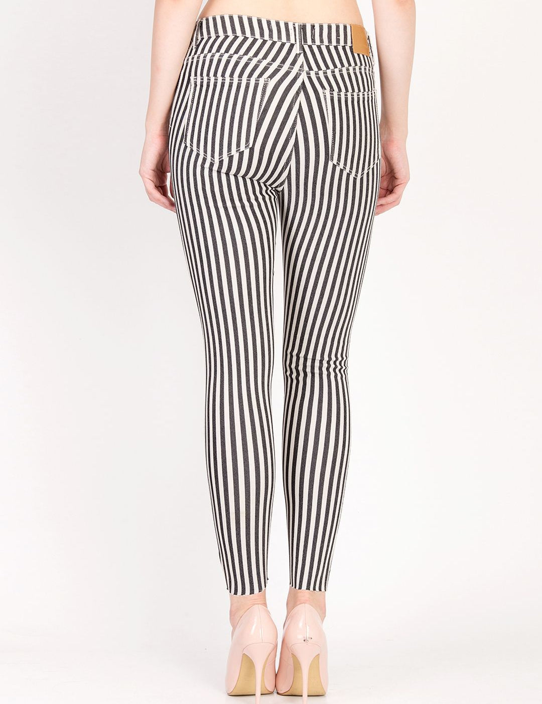 Kotty Women White and Black Striped Skinny Fit High-Rise Distress Jeans