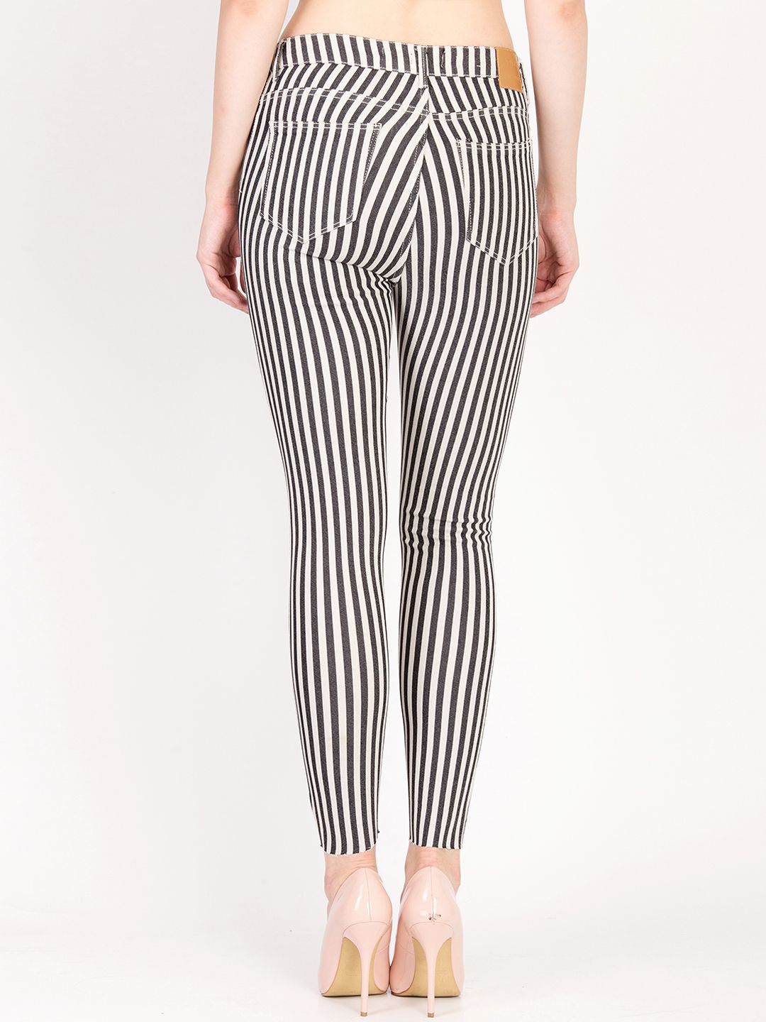 Kotty Women White and Black Striped Skinny Fit High-Rise Distress Jeans