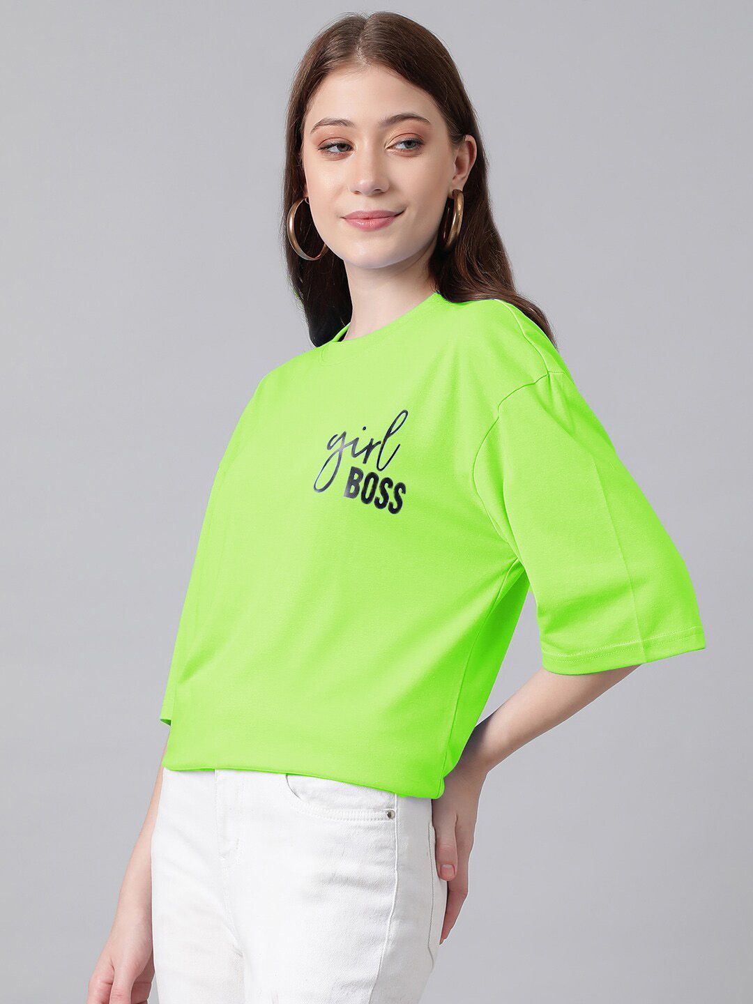 Kotty Round Neck Typography Printed Drop-Shoulder Sleeves Oversized T-shirt