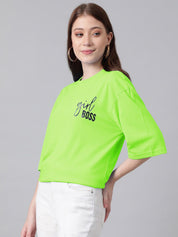 Kotty Round Neck Typography Printed Drop-Shoulder Sleeves Oversized T-shirt