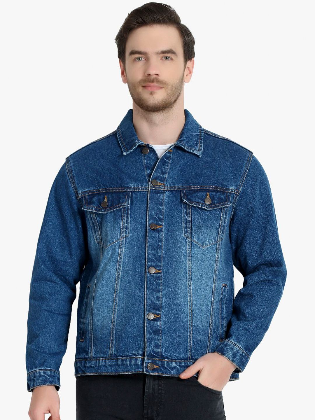 Kotty Men Blue Solid Denim Jacket