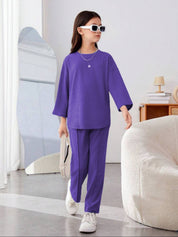 Kotty Girls Purple Round Neck Long Sleeves Top With Trouser