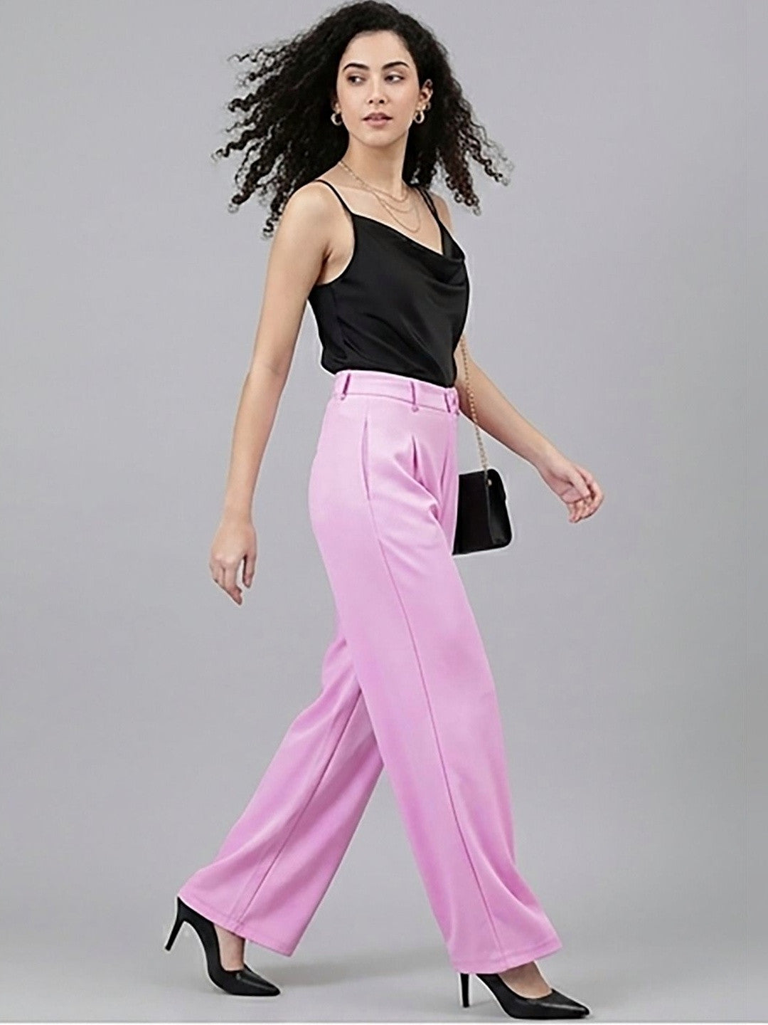 Pink Straight Fit High-Rise Trousers for Women | Kotty