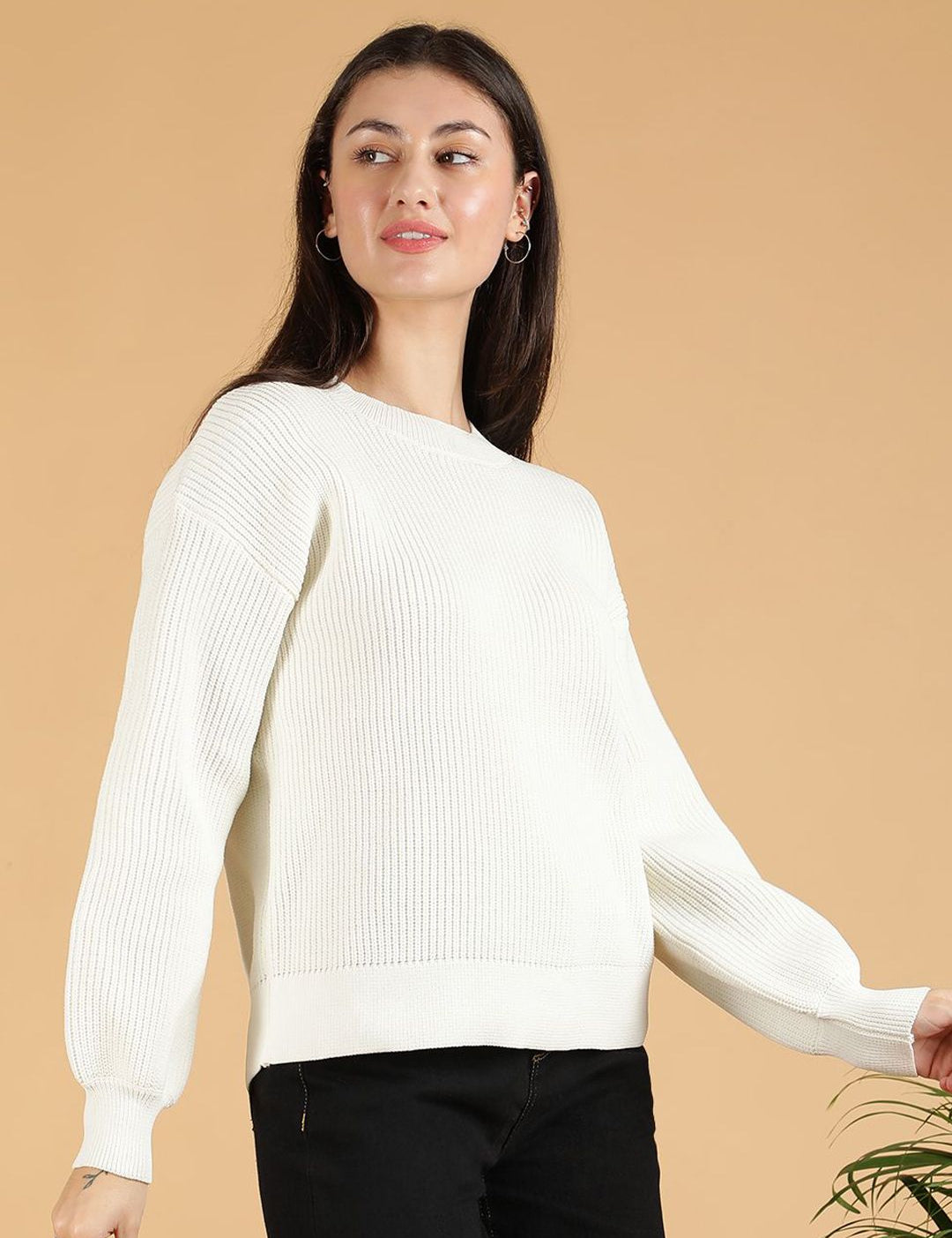 Kotty Women Cable Knit Cotton Ribbed Pullover