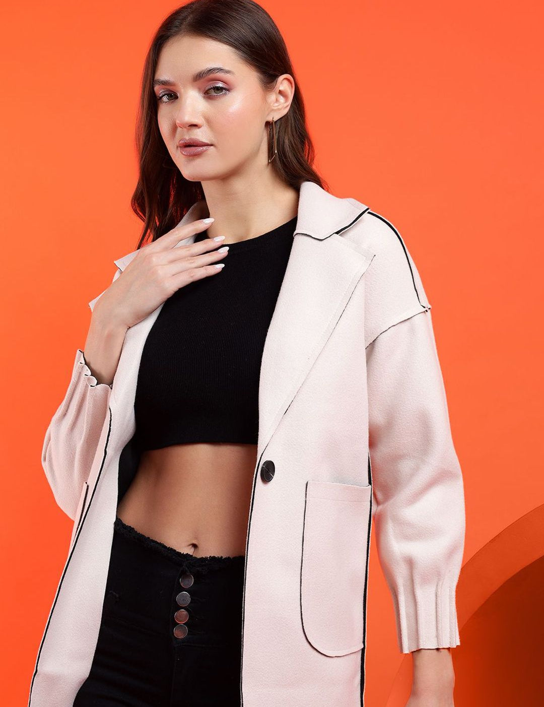 Kotty Notched Lapel Collar Long Sleeves Longline Overcoat