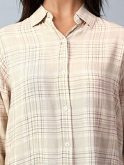 Kotty Women Spread Collar Tartan Checked Cotton Casual Shirt