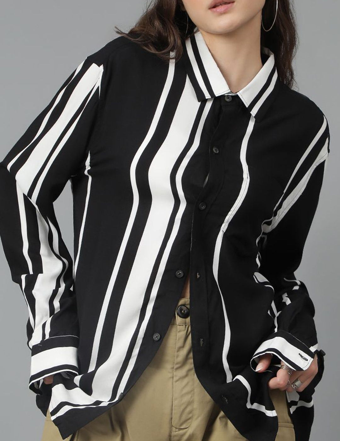 Kotty Women Opaque Striped Casual Oversized Shirt