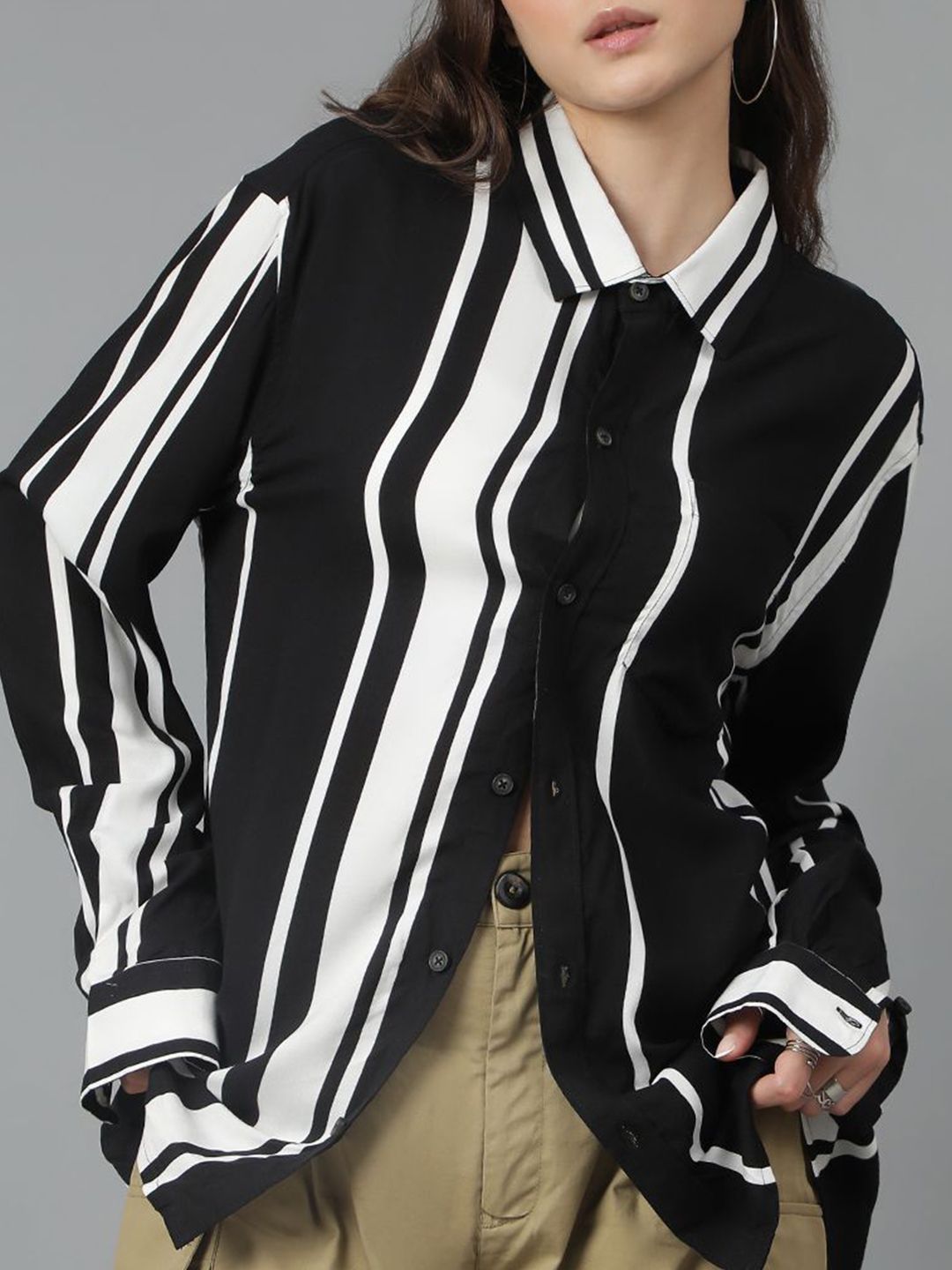 Kotty Women Opaque Striped Casual Oversized Shirt