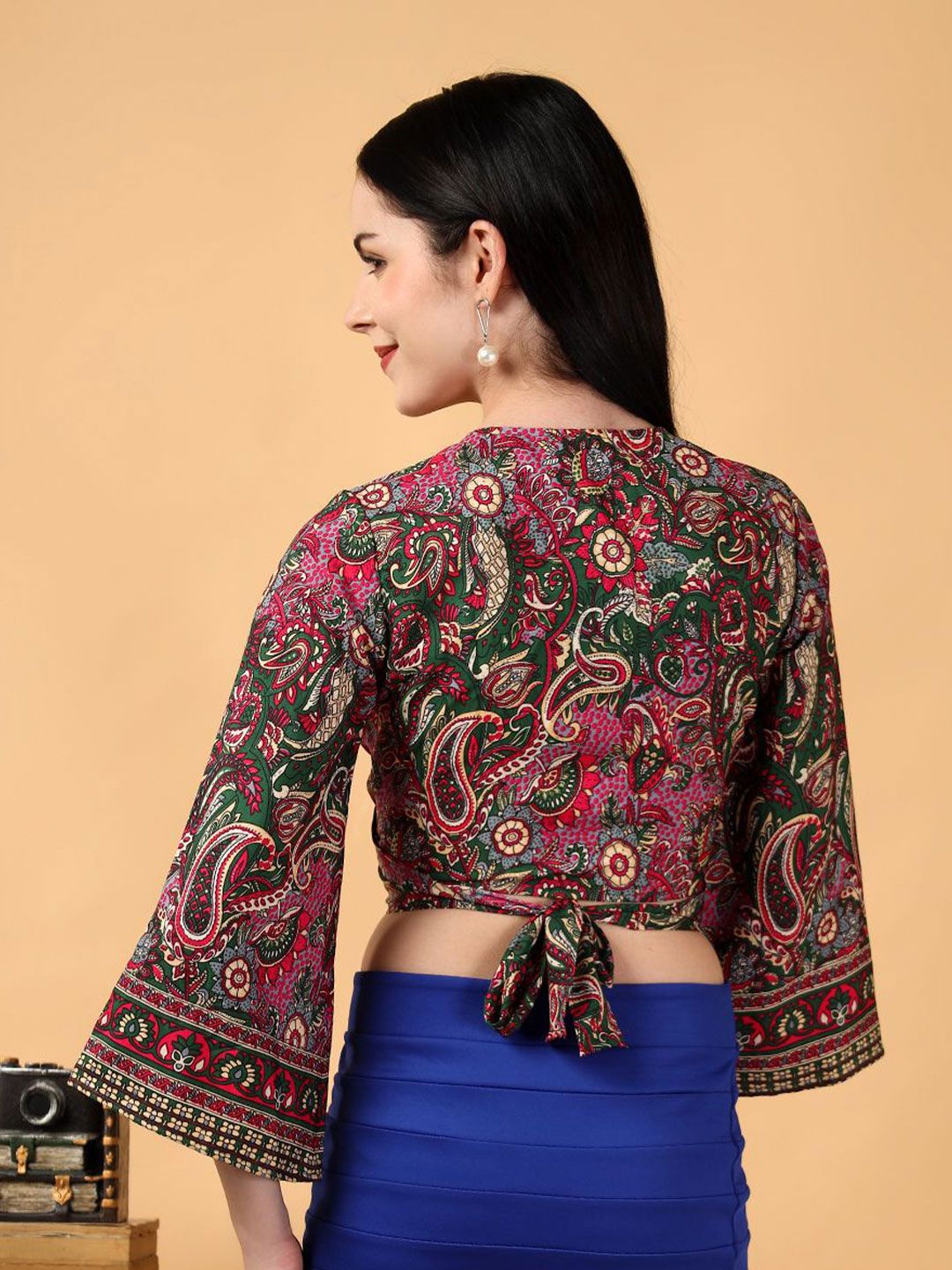 Kotty Floral Print Bell Sleeve Crepe Wrap Crop Top