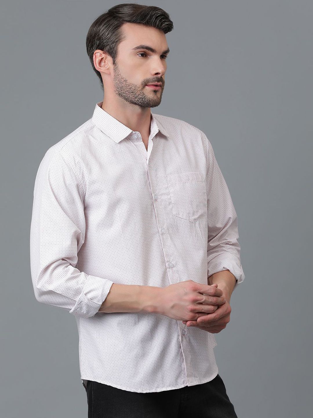 Kotty White Micro Ditsy Printed Spread Collar Casual Shirt