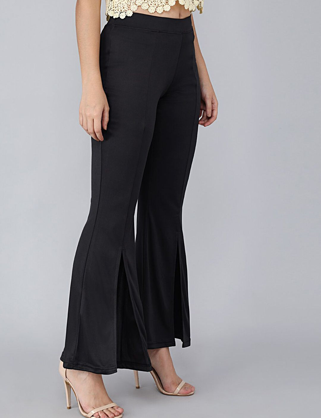 Kotty Women Black Solid Flared High-Rise Bootcut Trousers