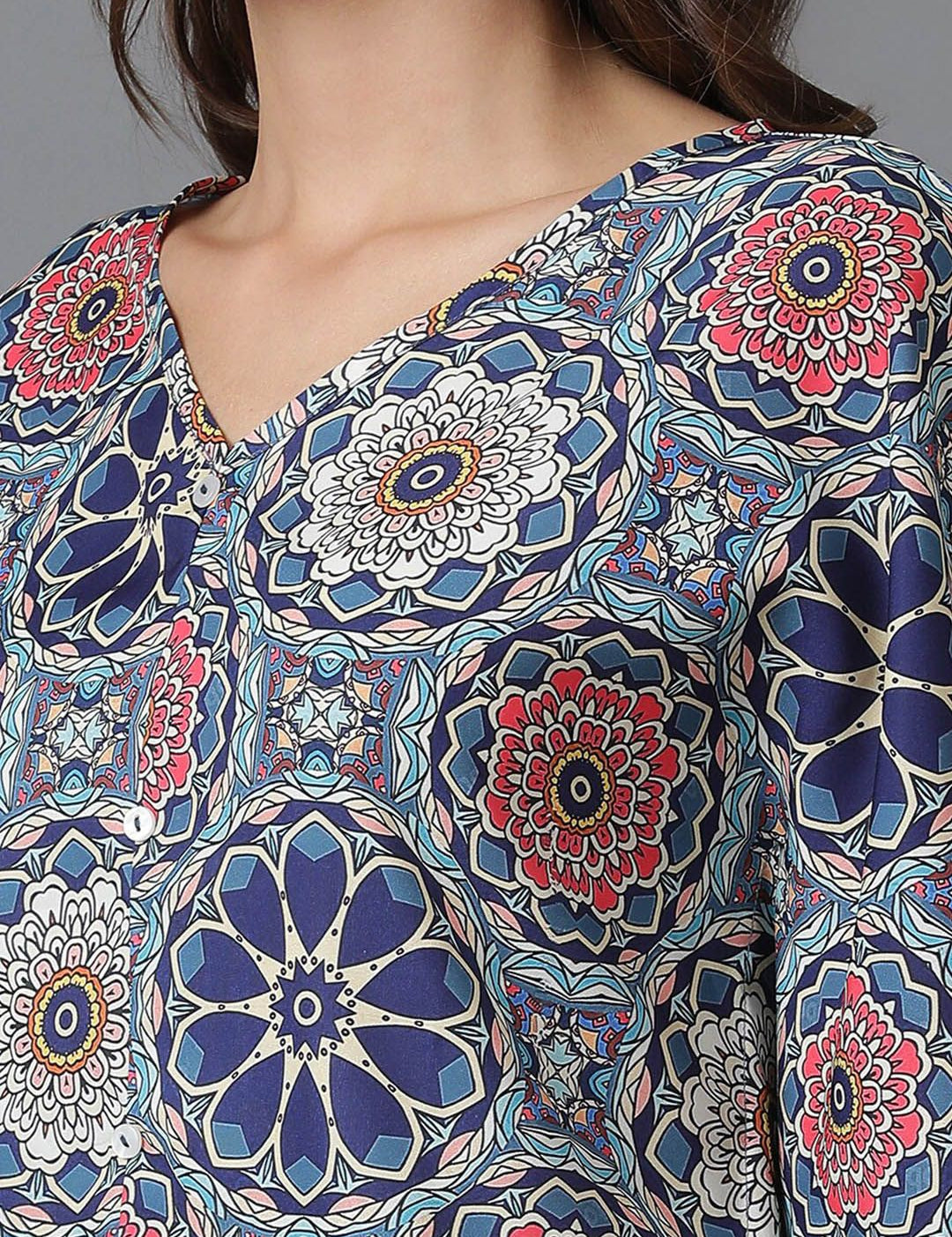 Kotty Blue Floral Printed V-Neck Flared Sleeves Top