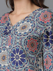 Kotty Blue Floral Printed V-Neck Flared Sleeves Top
