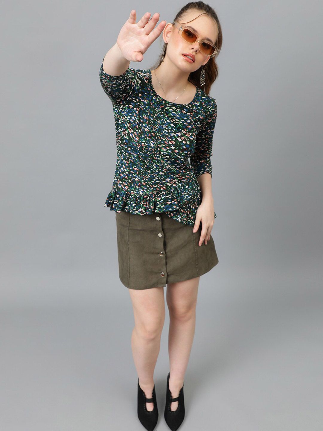 Kotty Green & White Abstract Print Crepe Top