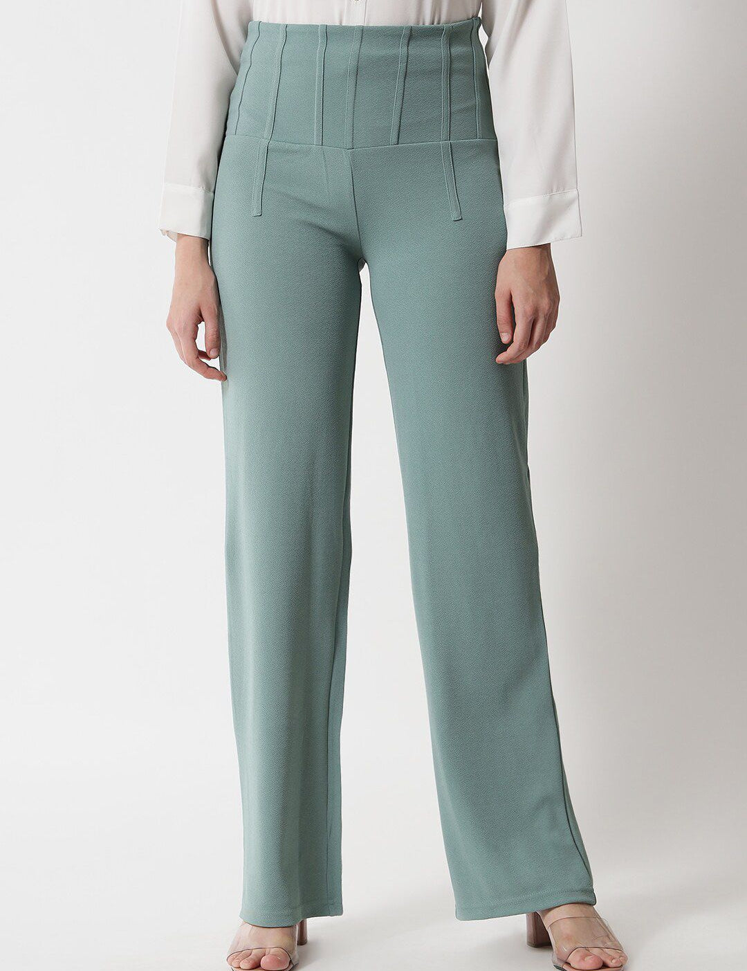 Kotty Women Green Relaxed Straight Fit High-Rise Easy Wash Pleated Trousers