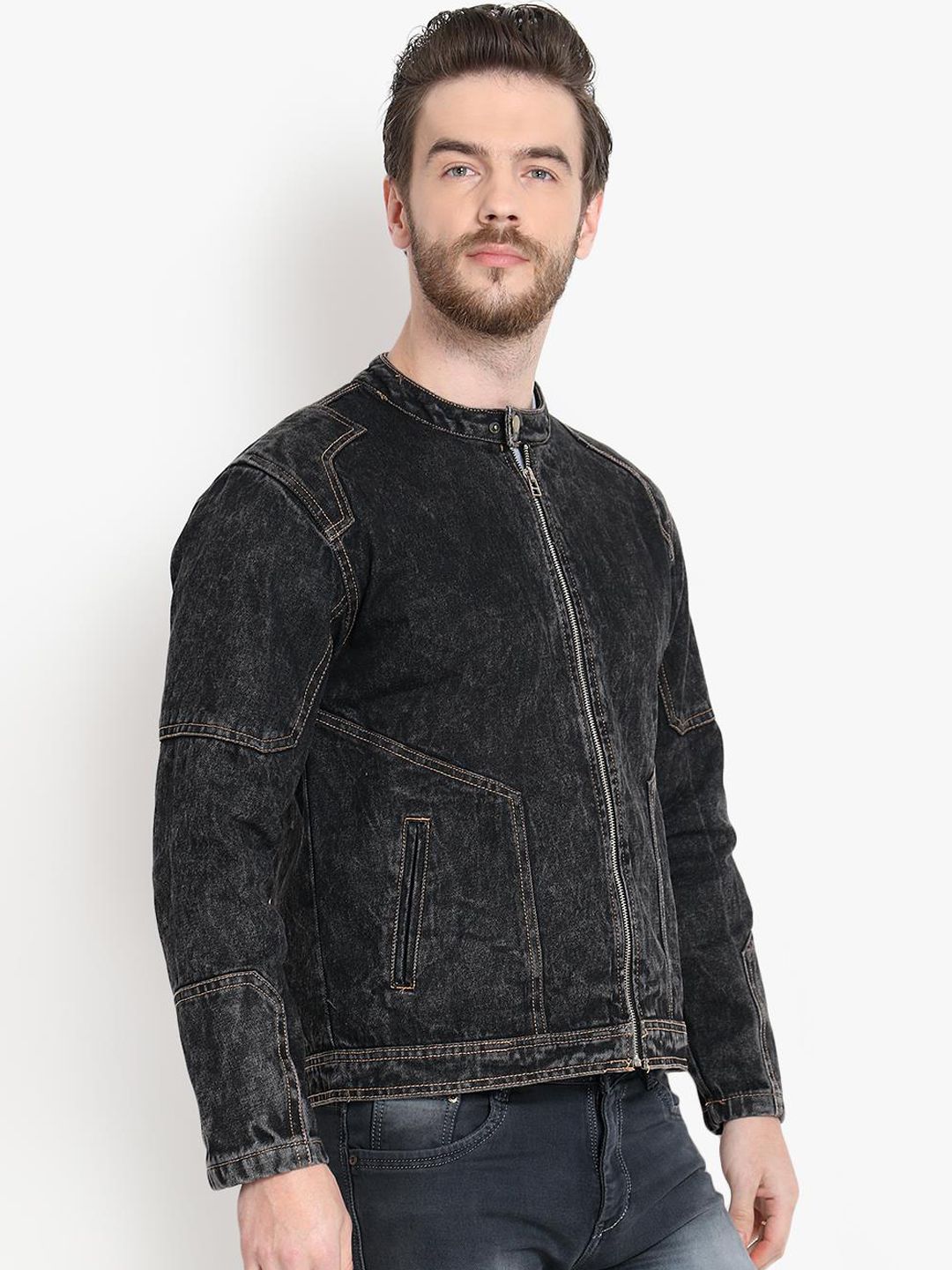 Kotty Men Black Solid Denim Jacket
