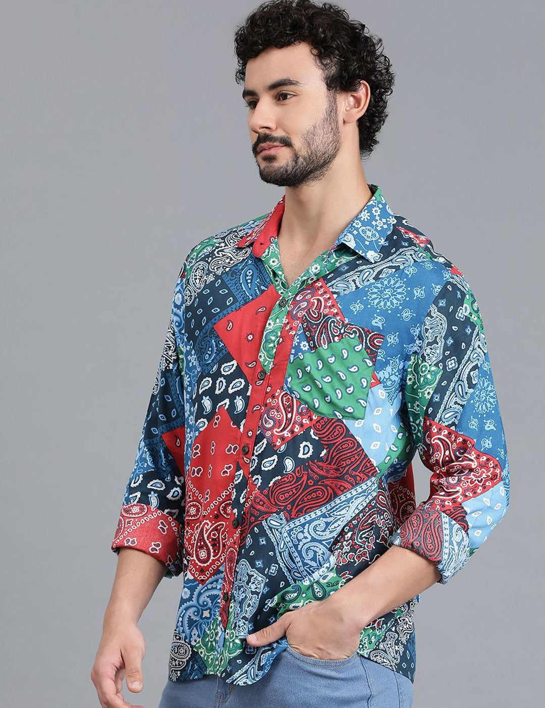 Kotty Blue & Green New Floral Printed Relaxed Fit Casual Shirt