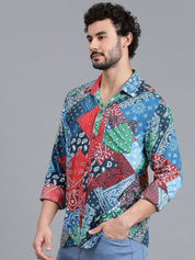 Kotty Blue & Green New Floral Printed Relaxed Fit Casual Shirt