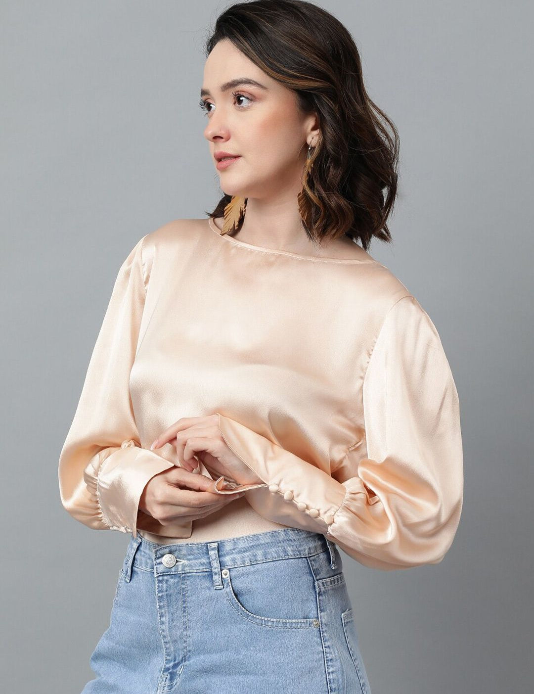 KOTTY BIZwear Beige Cuffed Sleeve Satin Top
