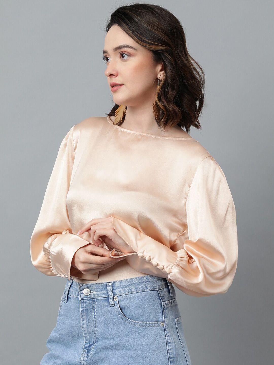 KOTTY BIZwear Beige Cuffed Sleeve Satin Top