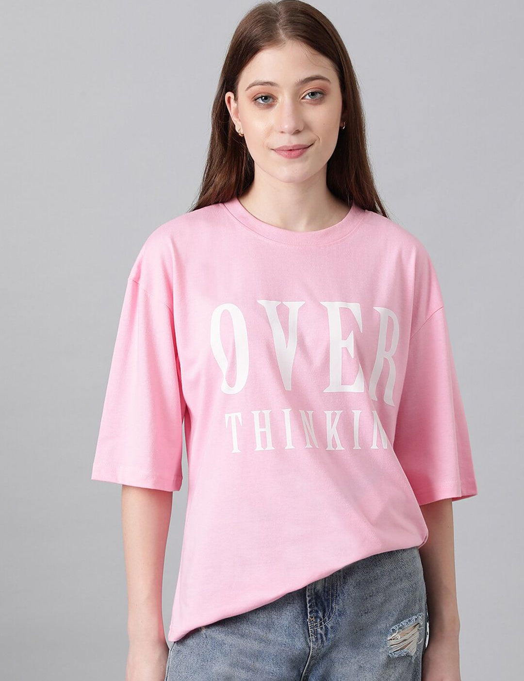 Kotty Typography Printed Drop-Shoulder Sleeves Oversized T-shirt