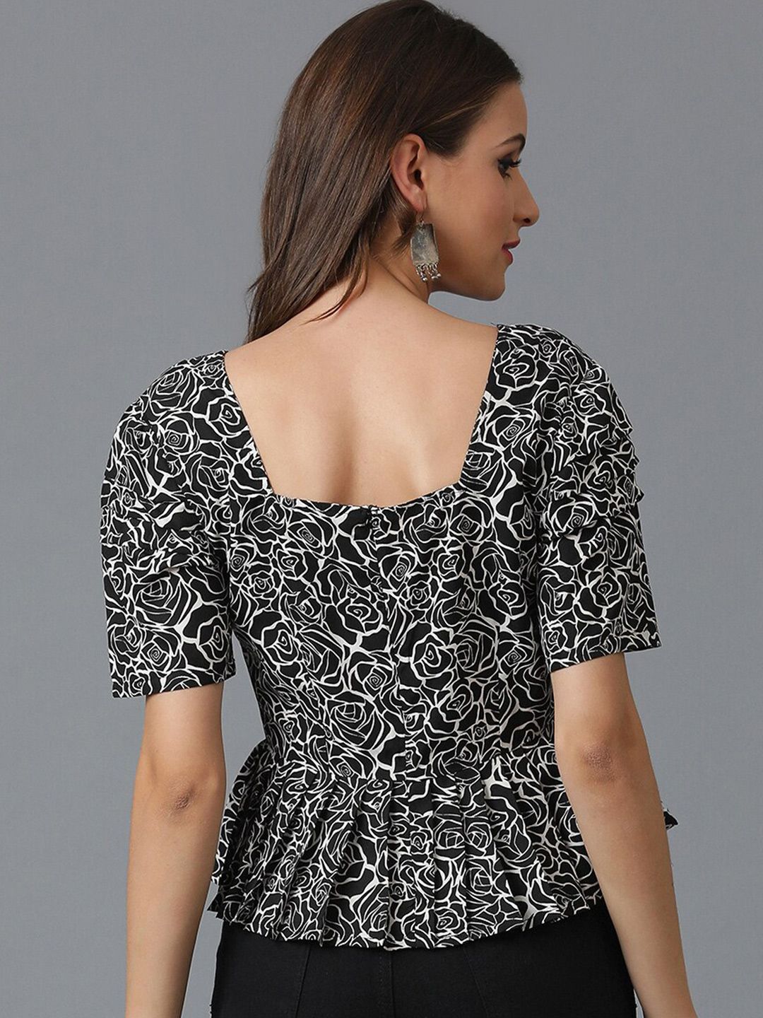 Kotty Black Floral Printed Puff Sleeve Crepe Peplum Top