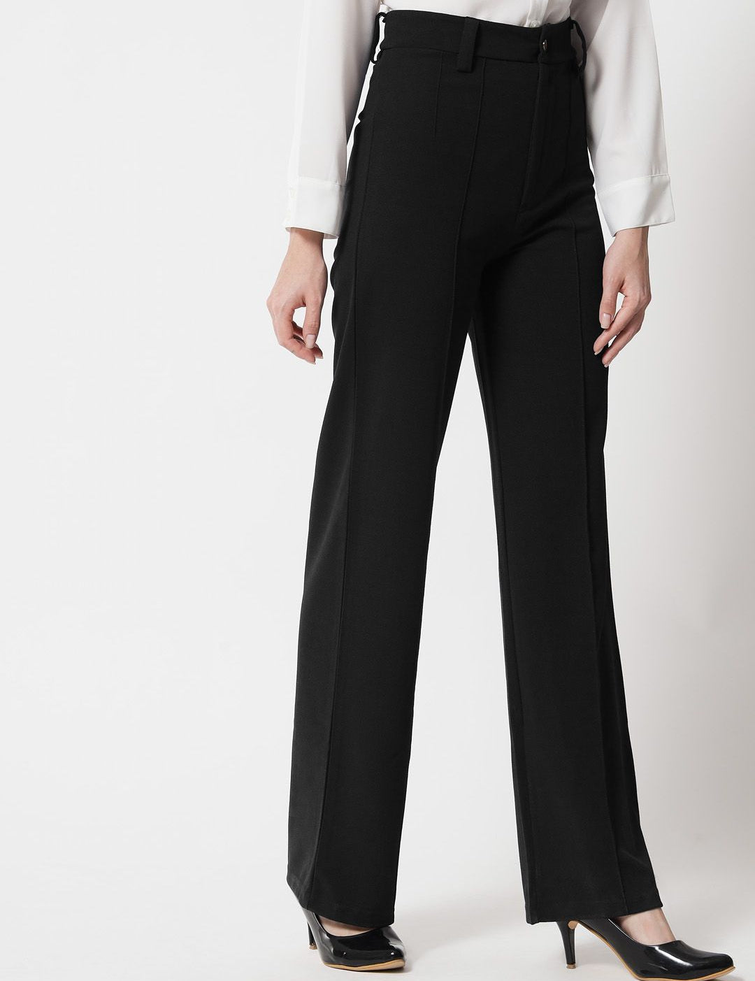 KOTTY BIZwear Women Black Relaxed Straight Fit High-Rise Easy Wash Trousers