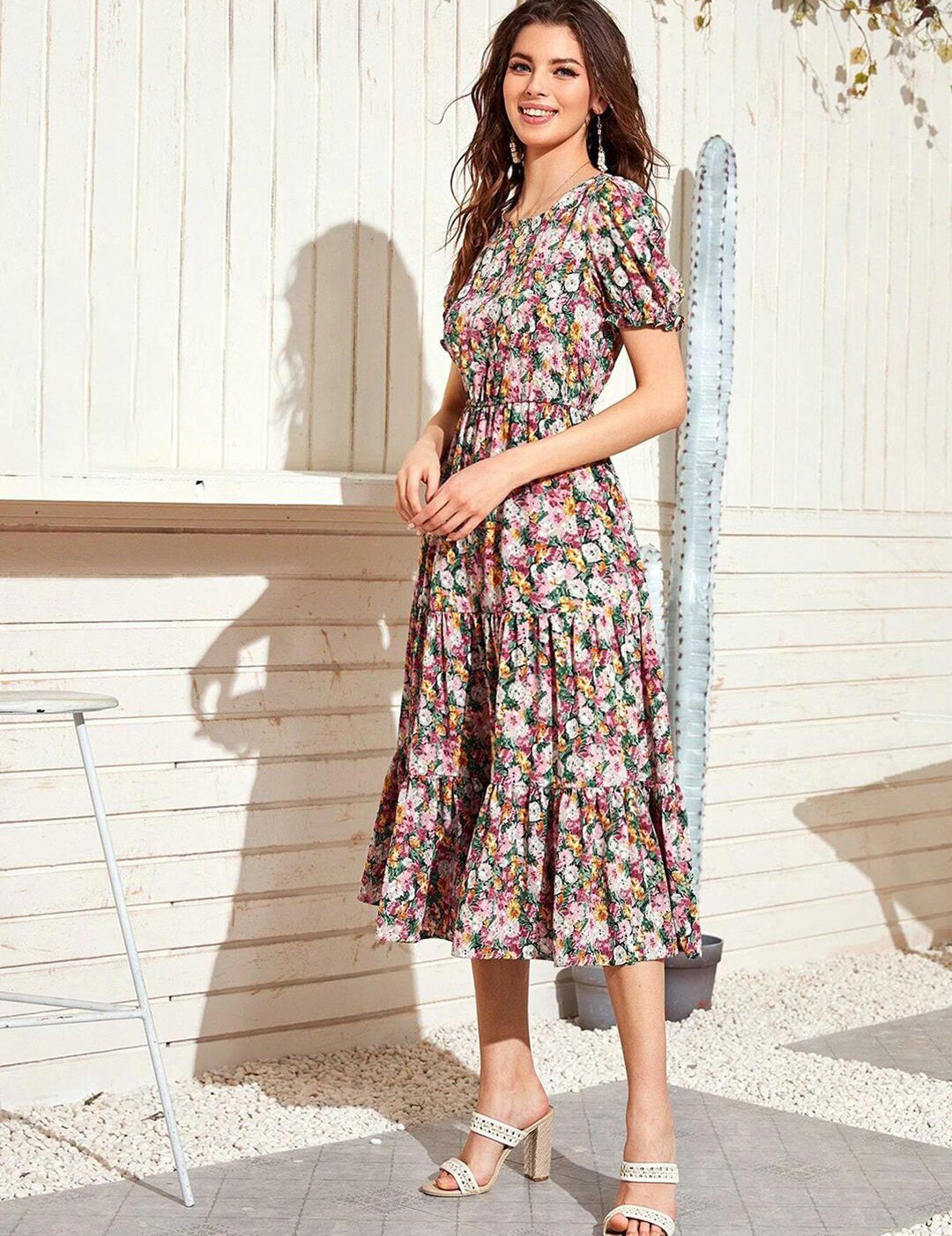 Kotty Floral Printed Puff Sleeves Midi Fit & Flare Dress