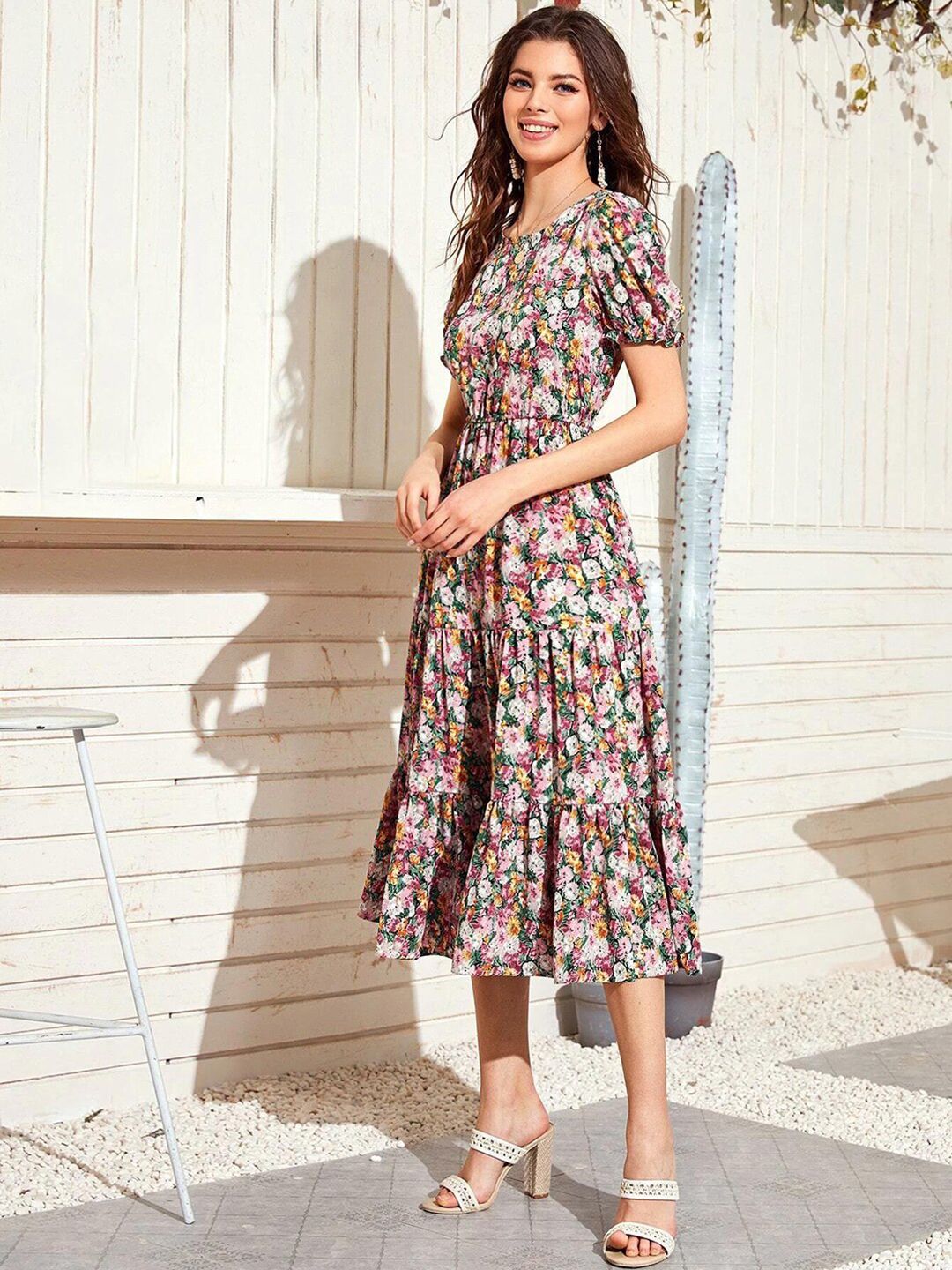 Kotty Floral Printed Puff Sleeves Midi Fit & Flare Dress