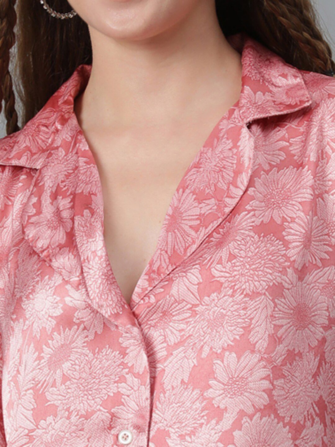 Kotty Pink Relaxed Floral Printed Cuban Collar Satin Casual Shirt