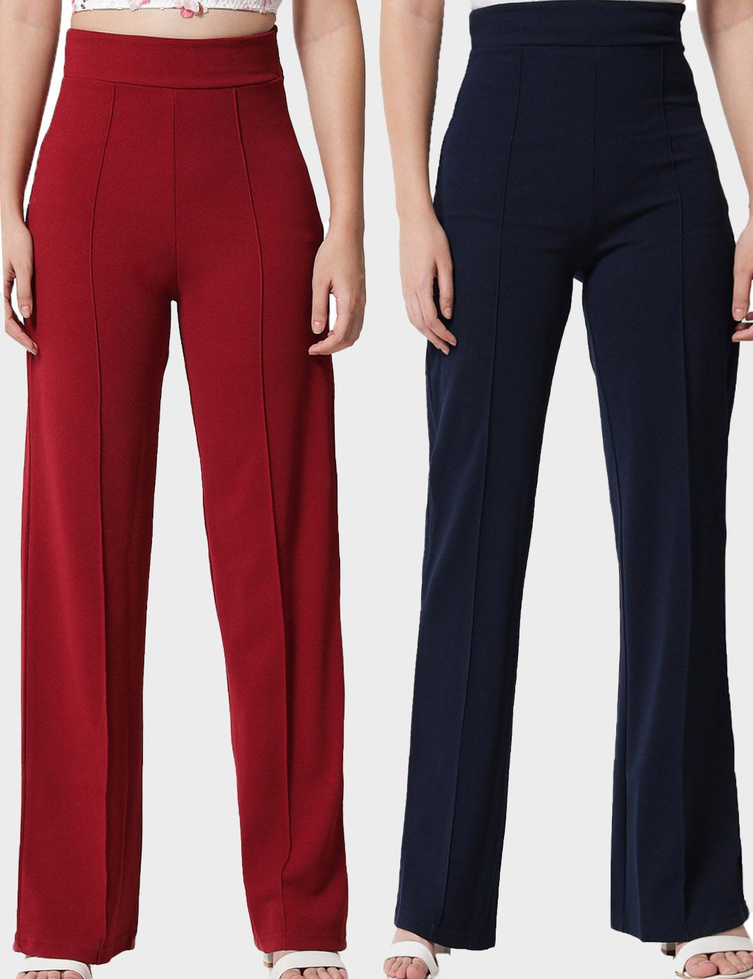 Kotty Women Pack Of 2 Relaxed Straight Leg High-Rise Easy Wash Parallel Trousers