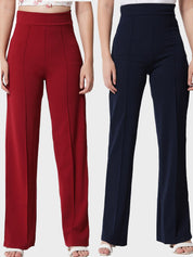 Kotty Women Pack Of 2 Relaxed Straight Leg High-Rise Easy Wash Parallel Trousers