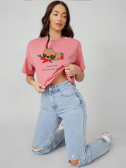 Kotty Graphic Printed Round Neck Crop Oversized T-shirt