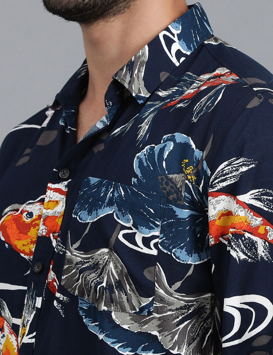 Kotty New Navy Blue Floral Printed Spread Collar Casual Shirt