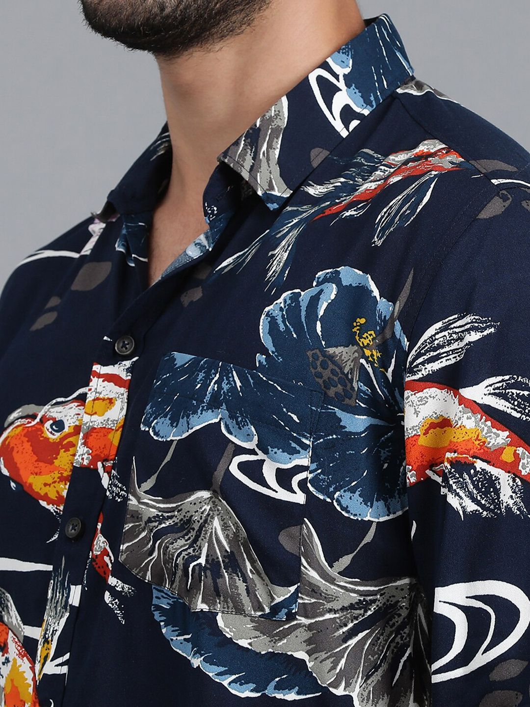 Kotty New Navy Blue Floral Printed Spread Collar Casual Shirt