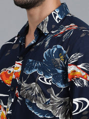 Kotty New Navy Blue Floral Printed Spread Collar Casual Shirt