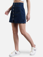 Kotty Women Blue Solid Denim A-Line Mini Skirt