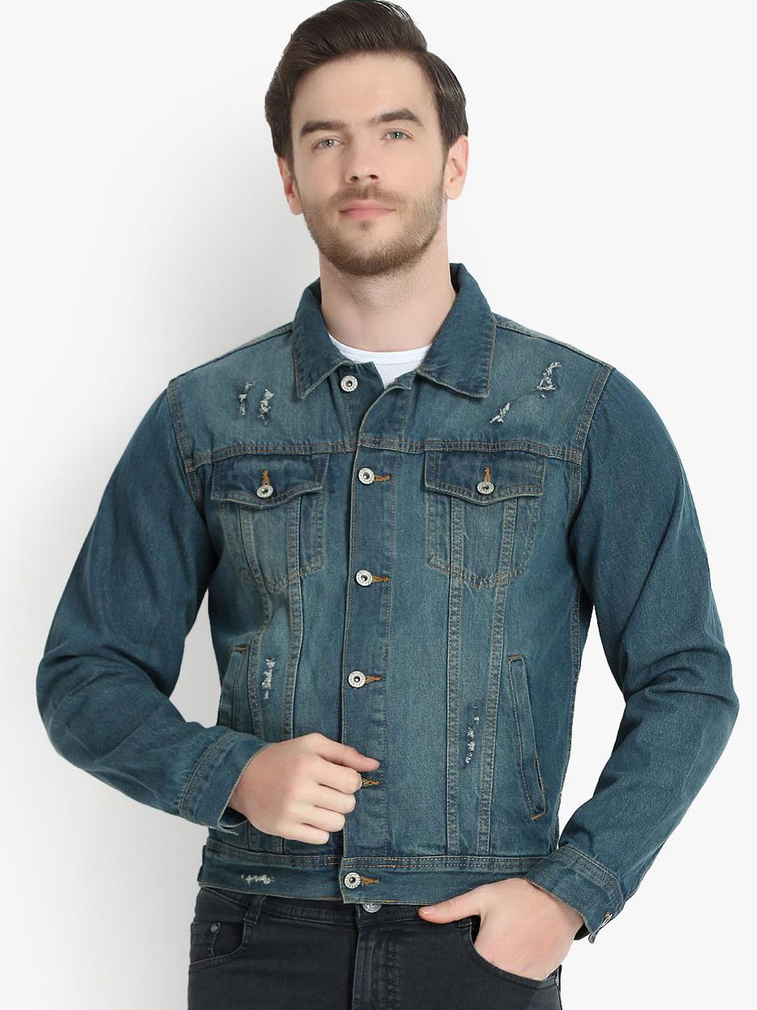 Kotty Men Blue Solid Denim Jacket