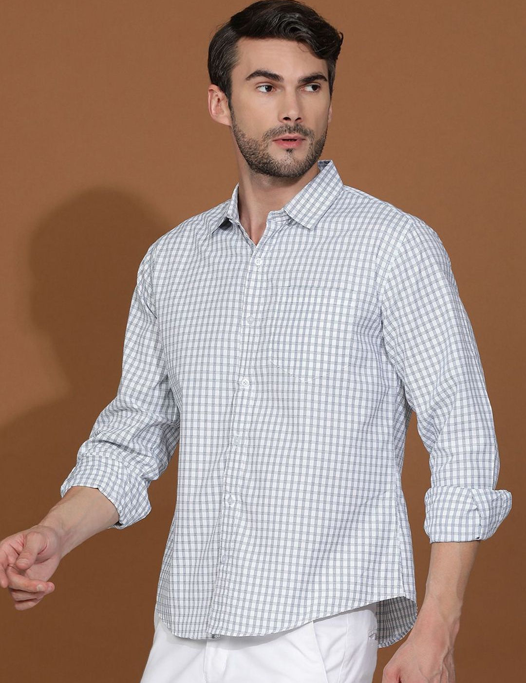 Kotty White & Blue Gingham Checks Printed Spread Collar Casual Shirt