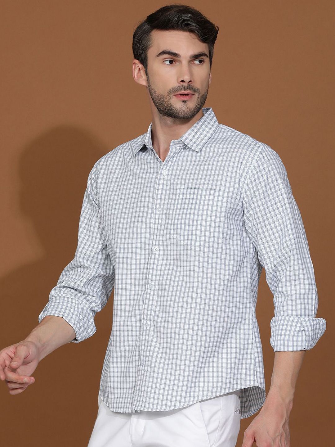 Kotty White & Blue Gingham Checks Printed Spread Collar Casual Shirt