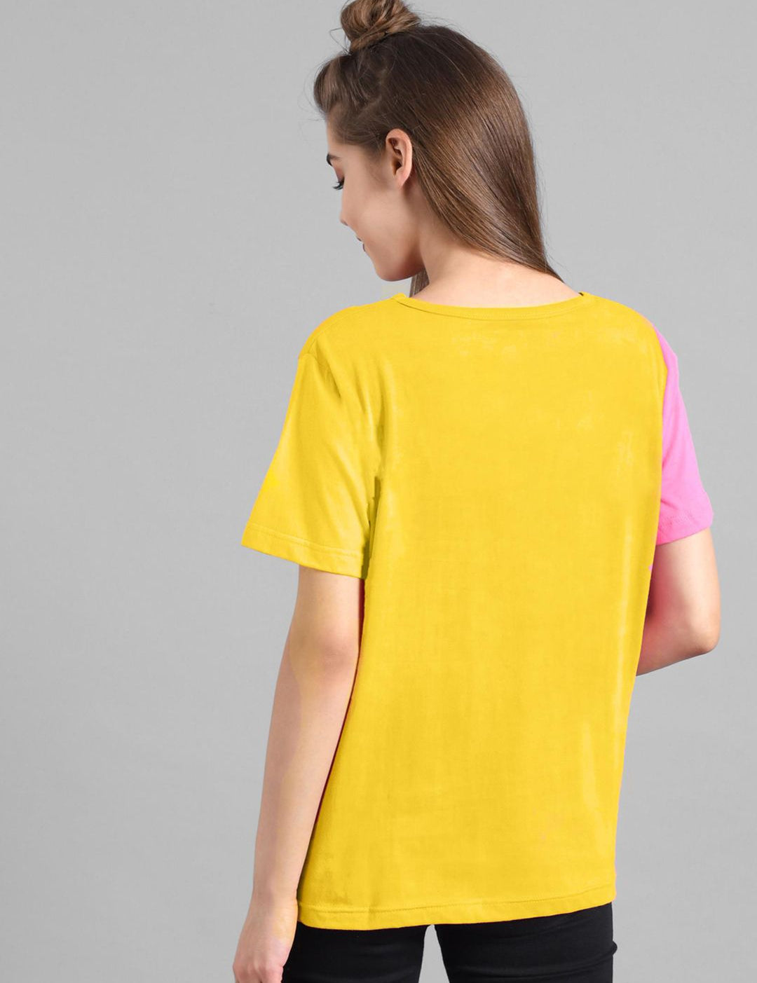 Kotty Women Yellow & Pink Colourblocked T-shirt