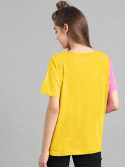 Kotty Women Yellow & Pink Colourblocked T-shirt