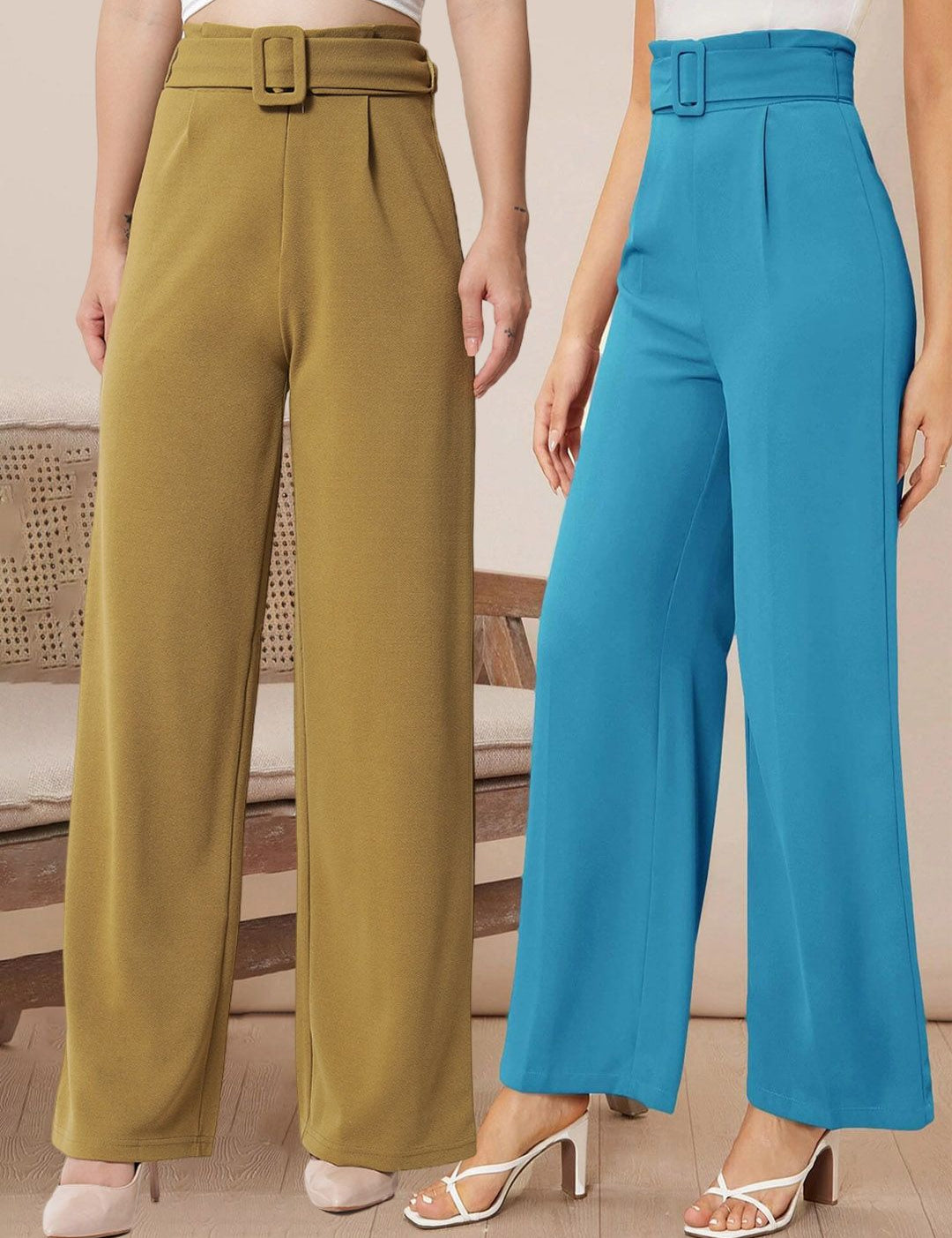 Kotty Women Pack Of 2 Relaxed High-Rise Straight Fit Easy Wash Pleated Trousers