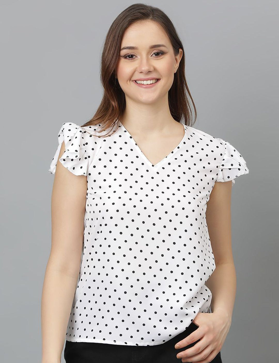 Kotty Polka Dot Print Flutter Sleeve Crepe Top
