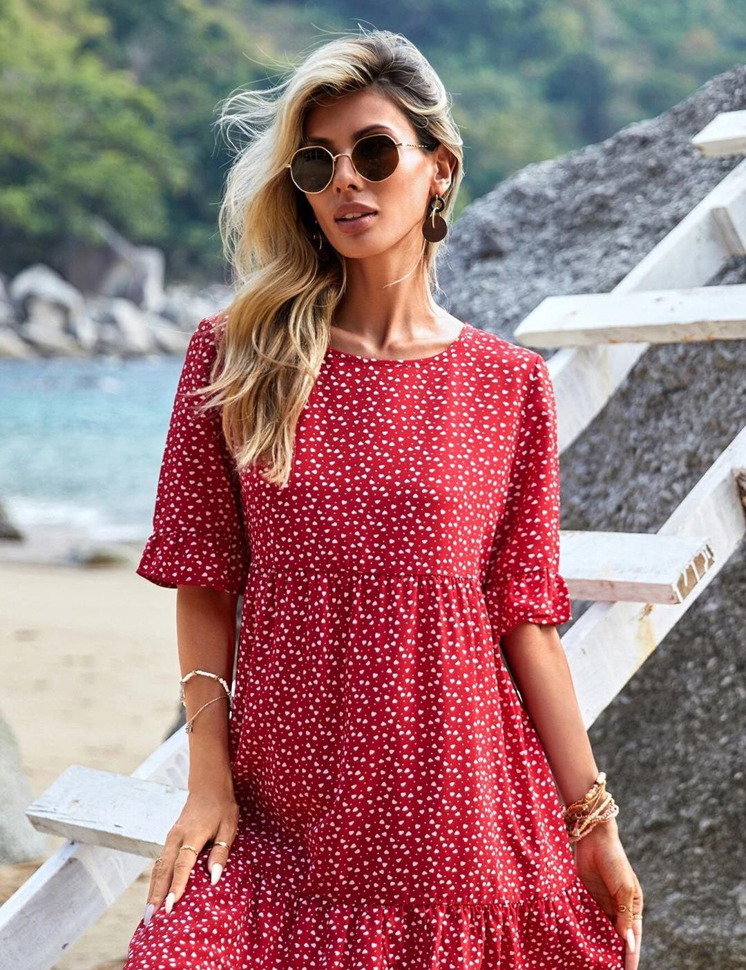 Kotty Red & White Abstract Printed Bell Sleeves A-Line Midi Dress