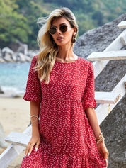 Kotty Red & White Abstract Printed Bell Sleeves A-Line Midi Dress