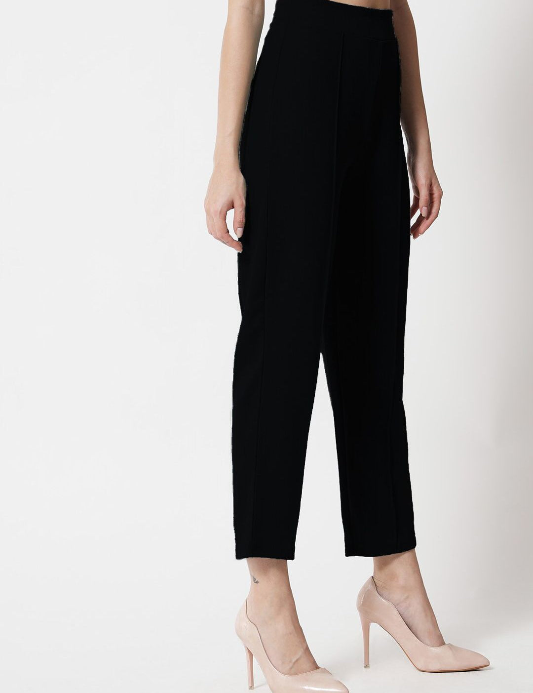 Kotty Women Black Comfort Straight Fit High-Rise Easy Wash Pleated Trousers