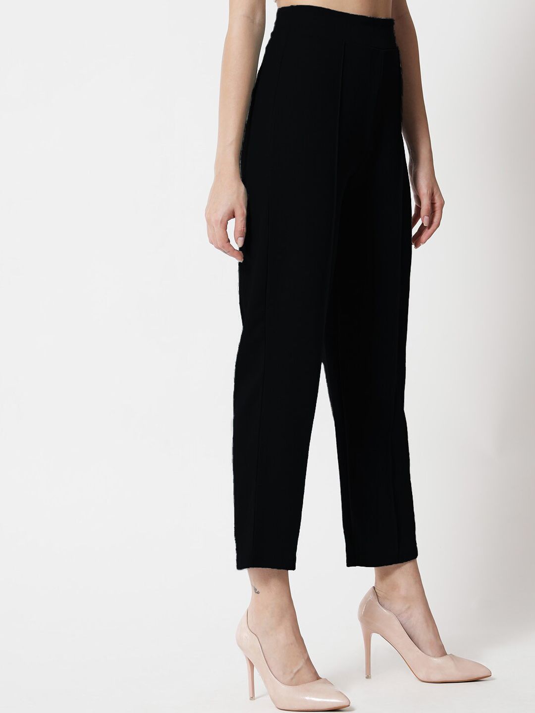 Kotty Women Black Comfort Straight Fit High-Rise Easy Wash Pleated Trousers